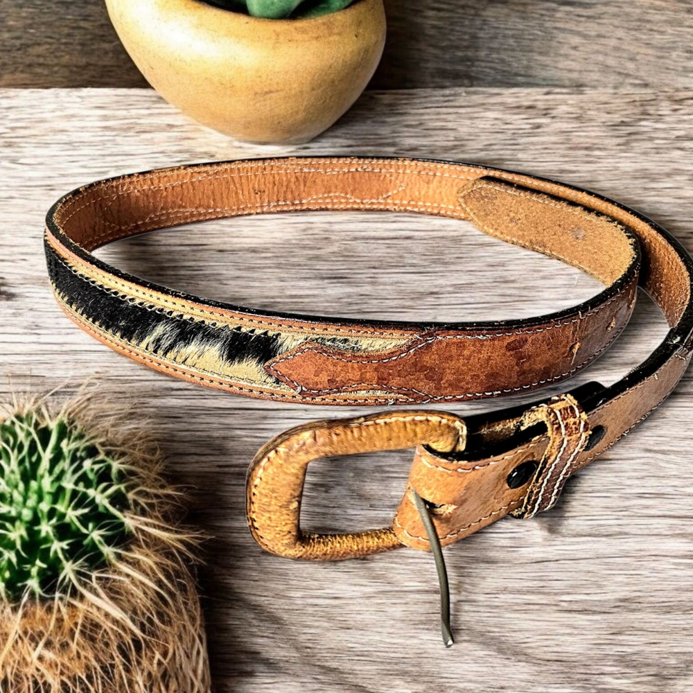 Western Leather & Cowhide Belt For "Stick" Southwest Cowboy Rodeo Ranchwear /36
